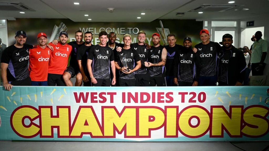 England celebrate with the series trophy after the 5th T20 International between the West Indies and England is abandoned at Daren Sammy National Cricket Stadium on November 17, 2024 in Gros Islet, Saint Lucia. | Photo Credit: Getty Images